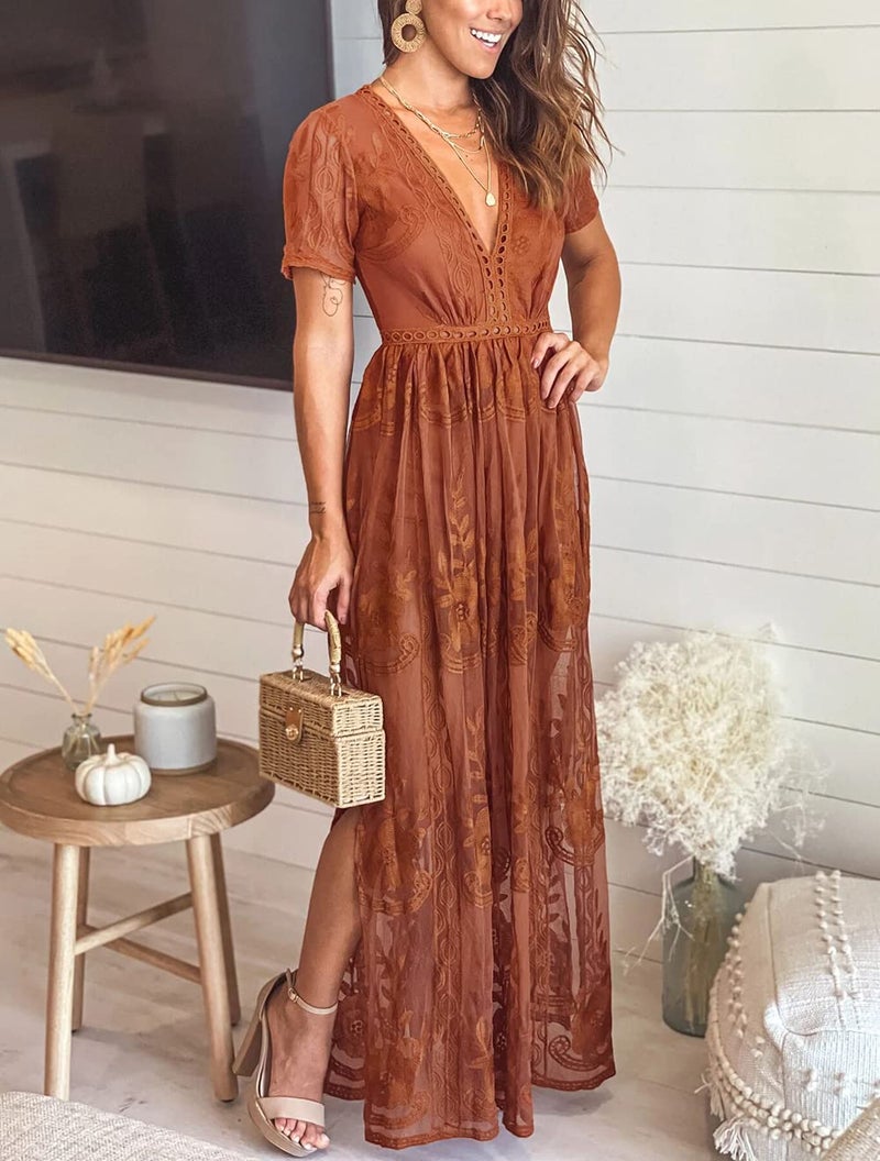 Eleter Women's Romper Dress for Wedding Guest Boho Maxi Floral Lace Wedding Dress Flowy Bridesmaid Beach Bridal Shower Dress(XL,Burnt Orange) - Image 5