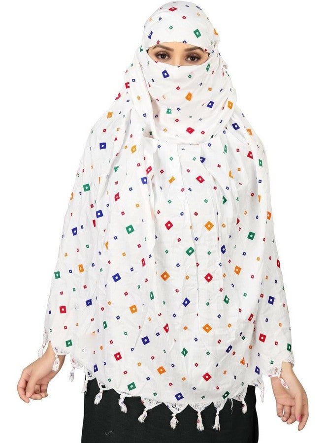 Cotton Long Scarf Cum Mask | White Printed Design | Universal Size | For Girl & Women | Breathable Sun Protection Light Weight (MSS) - Image 2