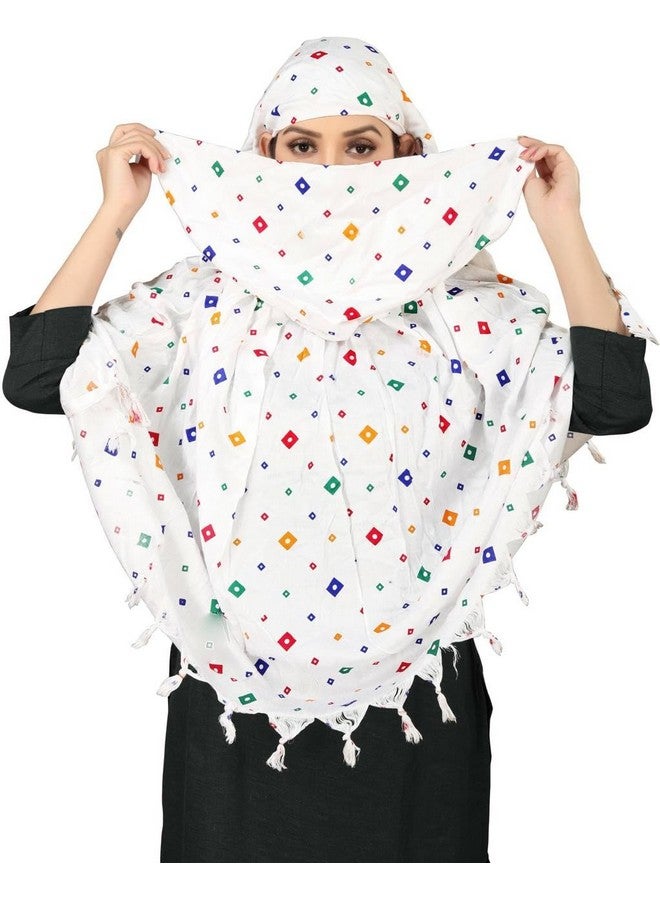 Cotton Long Scarf Cum Mask | White Printed Design | Universal Size | For Girl & Women | Breathable Sun Protection Light Weight (MSS) - Image 1