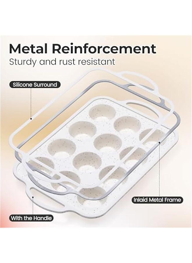 Silicone Muffin Pan, Metal Reinforced Frame Mini Cupcake Pan Easy to Move 12 Cups for Baking Nonstick Small Muffin Tin - Image 2