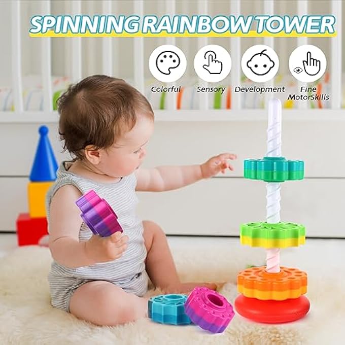SPINNING STACKING TOYS - RAINBOW TOWER, KIDS STACKABLE SPINNING TOY, EDUCATIONAL TOY FOR TODDLERS 1-3, STRONG ABS PLASTIC, COLOR & SHAPE RECOGNITION, BUILDS SENSORY & MOTOR SKILLS - Image 2