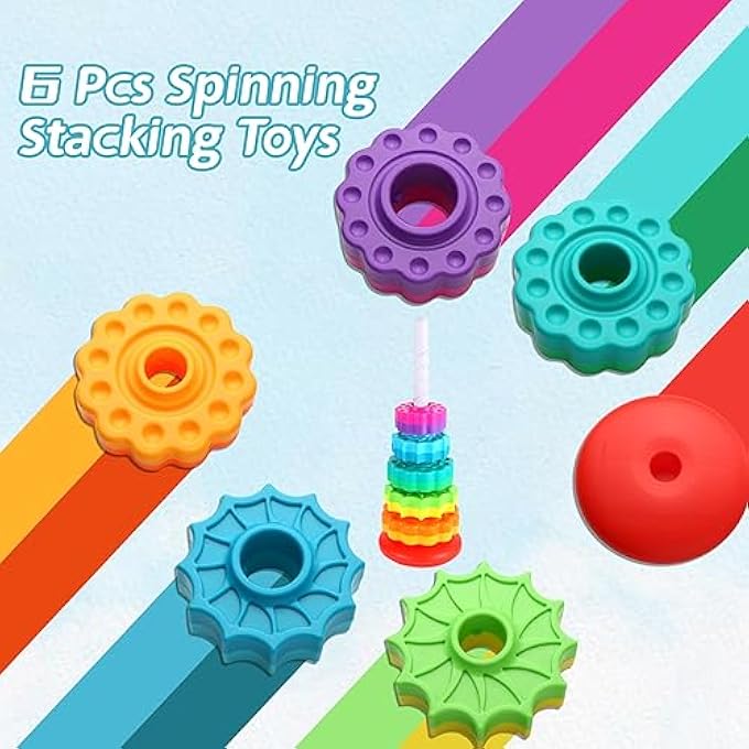 SPINNING STACKING TOYS - RAINBOW TOWER, KIDS STACKABLE SPINNING TOY, EDUCATIONAL TOY FOR TODDLERS 1-3, STRONG ABS PLASTIC, COLOR & SHAPE RECOGNITION, BUILDS SENSORY & MOTOR SKILLS - Image 3