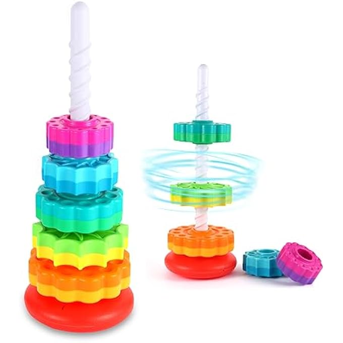 SPINNING STACKING TOYS - RAINBOW TOWER, KIDS STACKABLE SPINNING TOY, EDUCATIONAL TOY FOR TODDLERS 1-3, STRONG ABS PLASTIC, COLOR & SHAPE RECOGNITION, BUILDS SENSORY & MOTOR SKILLS - Image 1