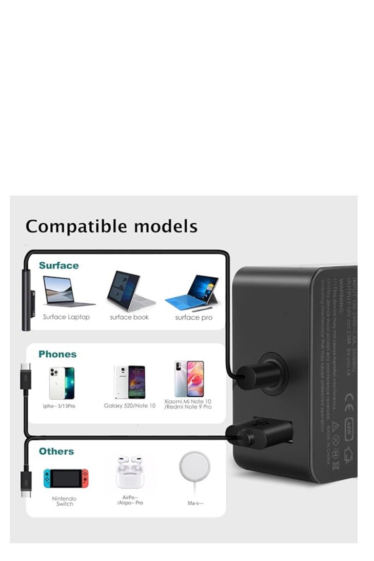 Surface Pro Charger, 44W 15V 2.58A (works with 39W/36W/24W) Microsoft Power Supply for Surface Pro 3/4/5/6, Windows Tablet, Surface Book 1/2, Surface Laptop 1/2, Surface Go, 5V 1A USB Port - Image 5