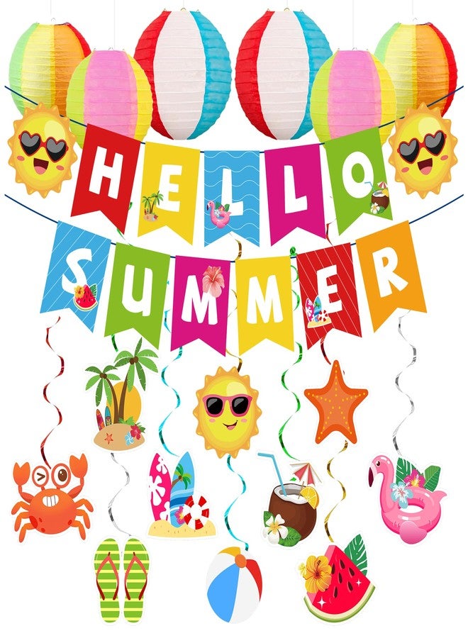 DMIGHT Summer Party Decorations Kit, Beach Pool Party Decorations, Hello Summer Banner with Beach Pool Hanging Swirls, Beach Ball Paper Lanterns for Home, Office, School, Classroom - Image 1