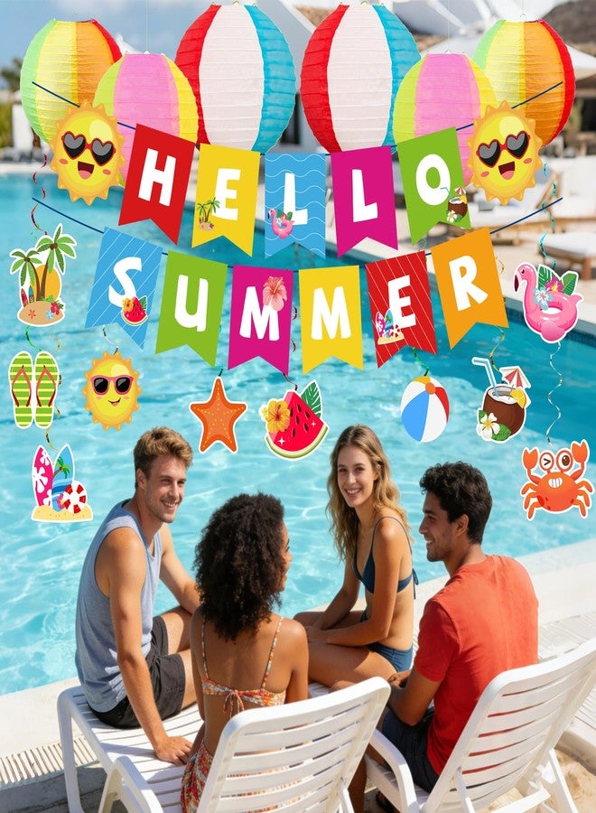 DMIGHT Summer Party Decorations Kit, Beach Pool Party Decorations, Hello Summer Banner with Beach Pool Hanging Swirls, Beach Ball Paper Lanterns for Home, Office, School, Classroom - Image 3