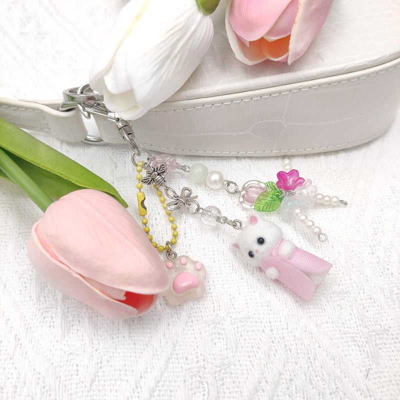 Nalefow Cute Pink Keychain,Fuzzy Cat Keychain Aesthetic Y2K KeychainStylish KeychainsAccessories (Pink Cat) - Image 3