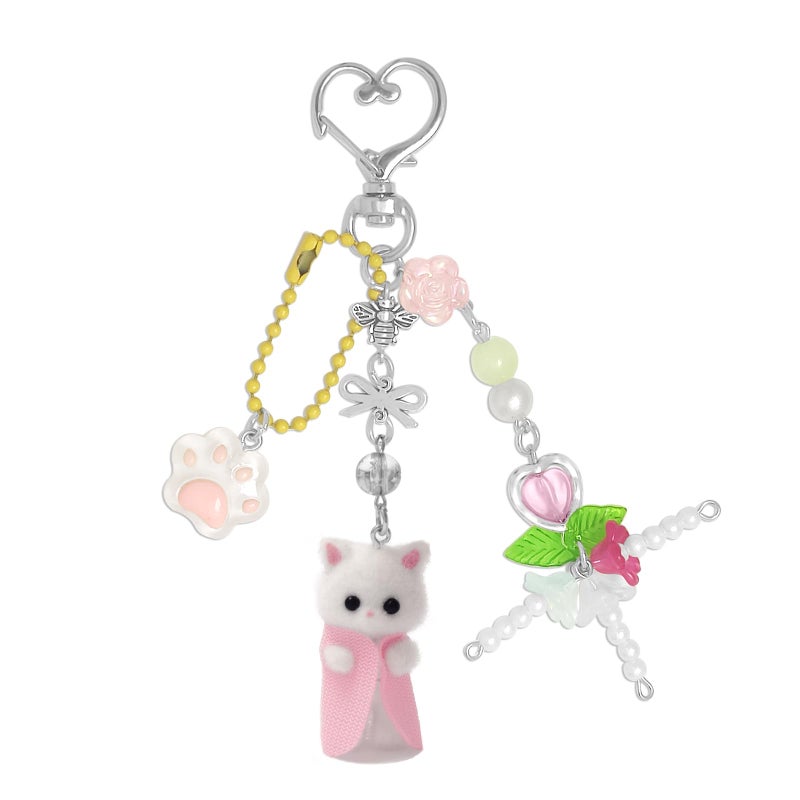Nalefow Cute Pink Keychain,Fuzzy Cat Keychain Aesthetic Y2K KeychainStylish KeychainsAccessories (Pink Cat) - Image 1