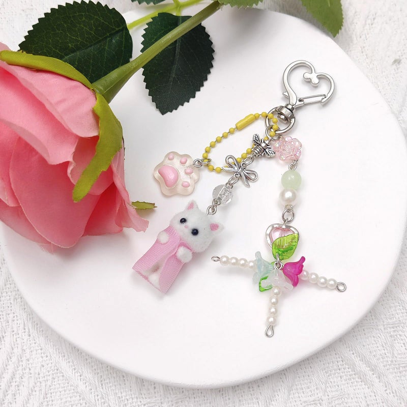 Nalefow Cute Pink Keychain,Fuzzy Cat Keychain Aesthetic Y2K KeychainStylish KeychainsAccessories (Pink Cat) - Image 2