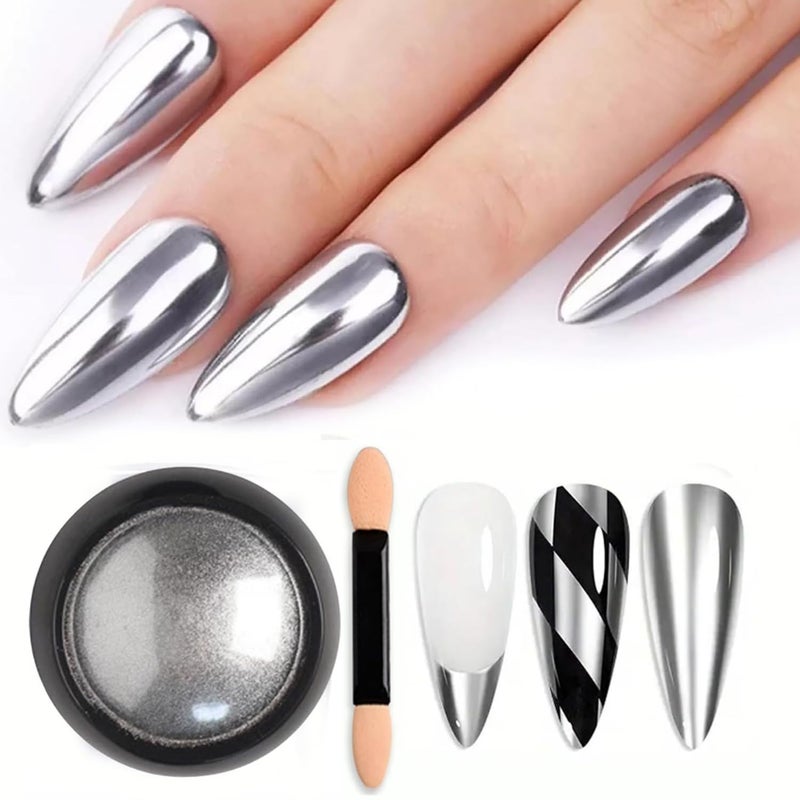 Vonrui Holographic Mirror Nail Powders Chrome Silver Effect Pure Metallic Dust Sequins UV Gel Nail Chrome Pigment for Nail Art Decoration,Silver Chrome Nail Powder - Image 1