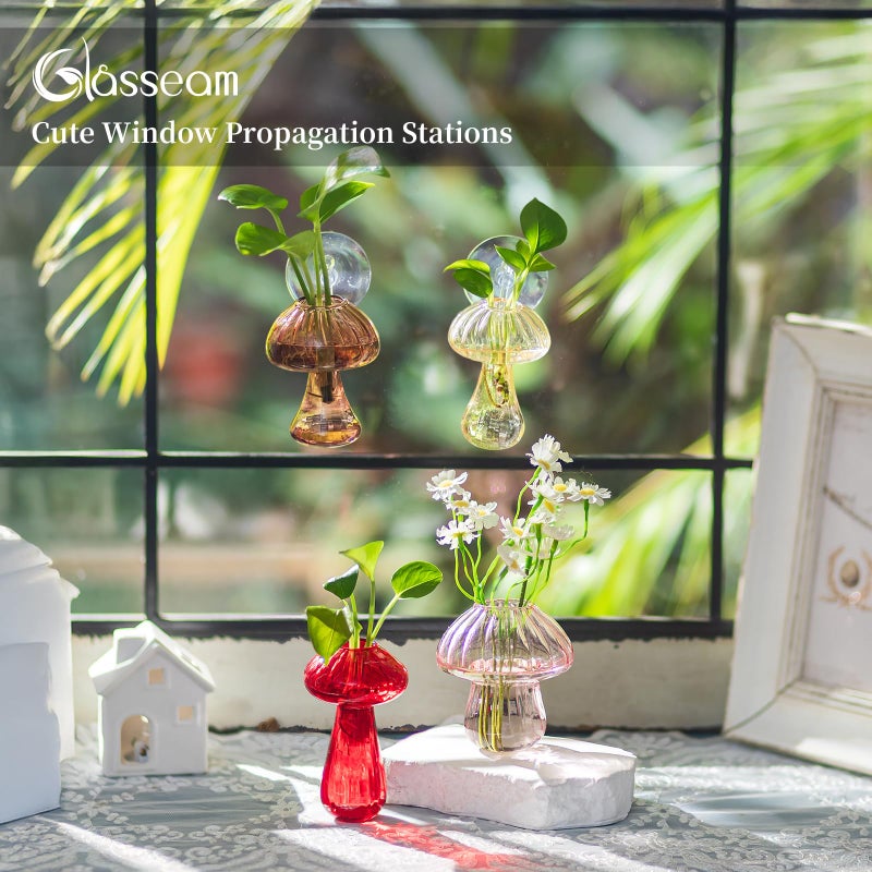 Glasseam محطات تكاثر زجاجية للنوافذ، 4 قطع مزهريات فطر ملونة مع أكواب شفط، حوامل زهور معلقة على الحائط من الزجاج، هدايا لطيفة لحوامل النباتات الصغيرة الداخلية للنساء - Image 2