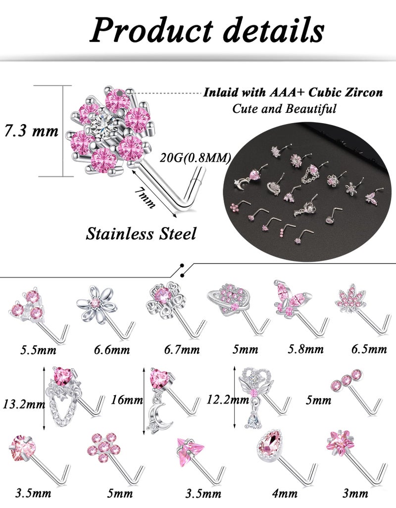 Tornito 16Pcs Nose Rings L Shaped Nose Stud Stainless Steel Butterfly Flower Leaf Heart Moon Dangle Nose Stud Ring Body Piercing Jewelry for Women Men 20G Pink CZ - Image 2