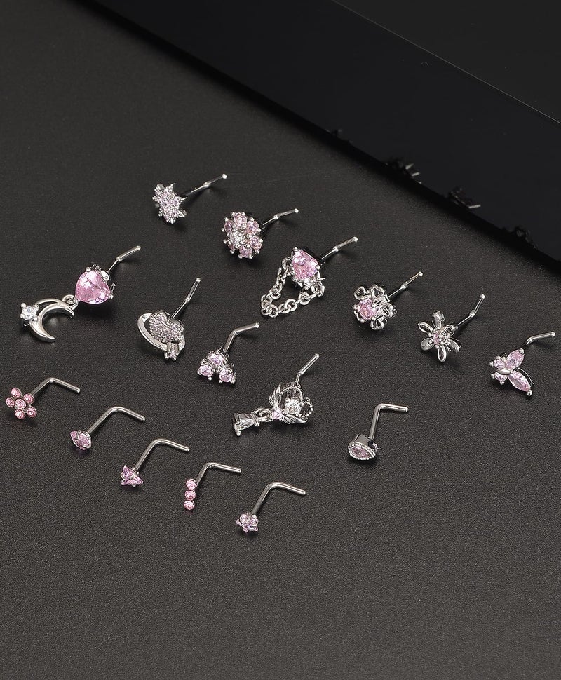 Tornito 16Pcs Nose Rings L Shaped Nose Stud Stainless Steel Butterfly Flower Leaf Heart Moon Dangle Nose Stud Ring Body Piercing Jewelry for Women Men 20G Pink CZ - Image 5