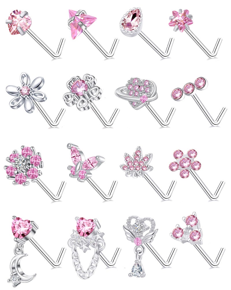 Tornito 16Pcs Nose Rings L Shaped Nose Stud Stainless Steel Butterfly Flower Leaf Heart Moon Dangle Nose Stud Ring Body Piercing Jewelry for Women Men 20G Pink CZ - Image 1