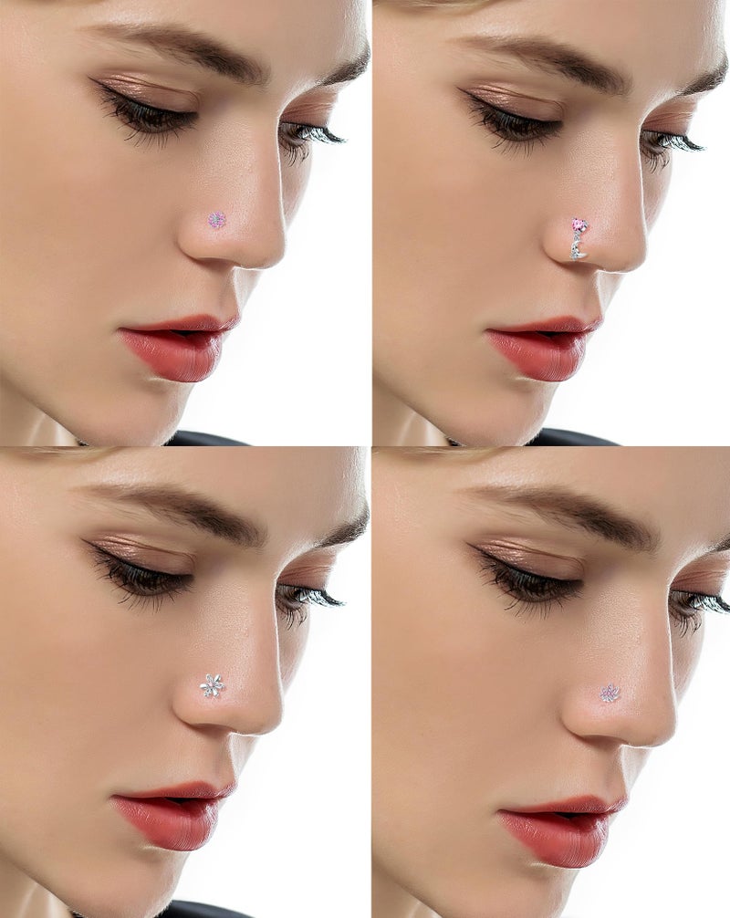 Tornito 16Pcs Nose Rings L Shaped Nose Stud Stainless Steel Butterfly Flower Leaf Heart Moon Dangle Nose Stud Ring Body Piercing Jewelry for Women Men 20G Pink CZ - Image 3
