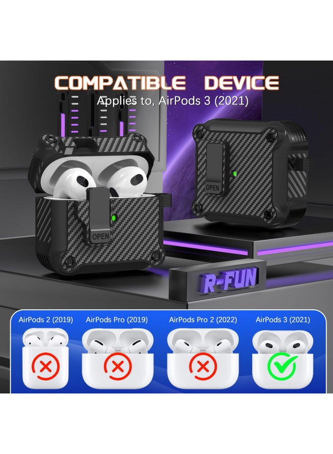 R-fun غطاء شاحن R-fun لجهاز AirPods الجيل الثالث 2021، تصميم غطاء تلقائي مع حماية كاملة من السقوط مع مجموعة تنظيف وسلسلة مفاتيح، أسود ألياف - Image 3