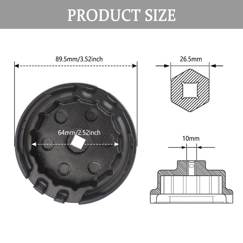 Salior 64mm Oil Filter Wrench,Aluminum Alloy Quickly Oil Filter Removal Tool Compatible with Lexus Toyota Tundra RAV4 Sienna 2.5L to 5.7L Engines Oil Filter Socket (Black) - Image 2
