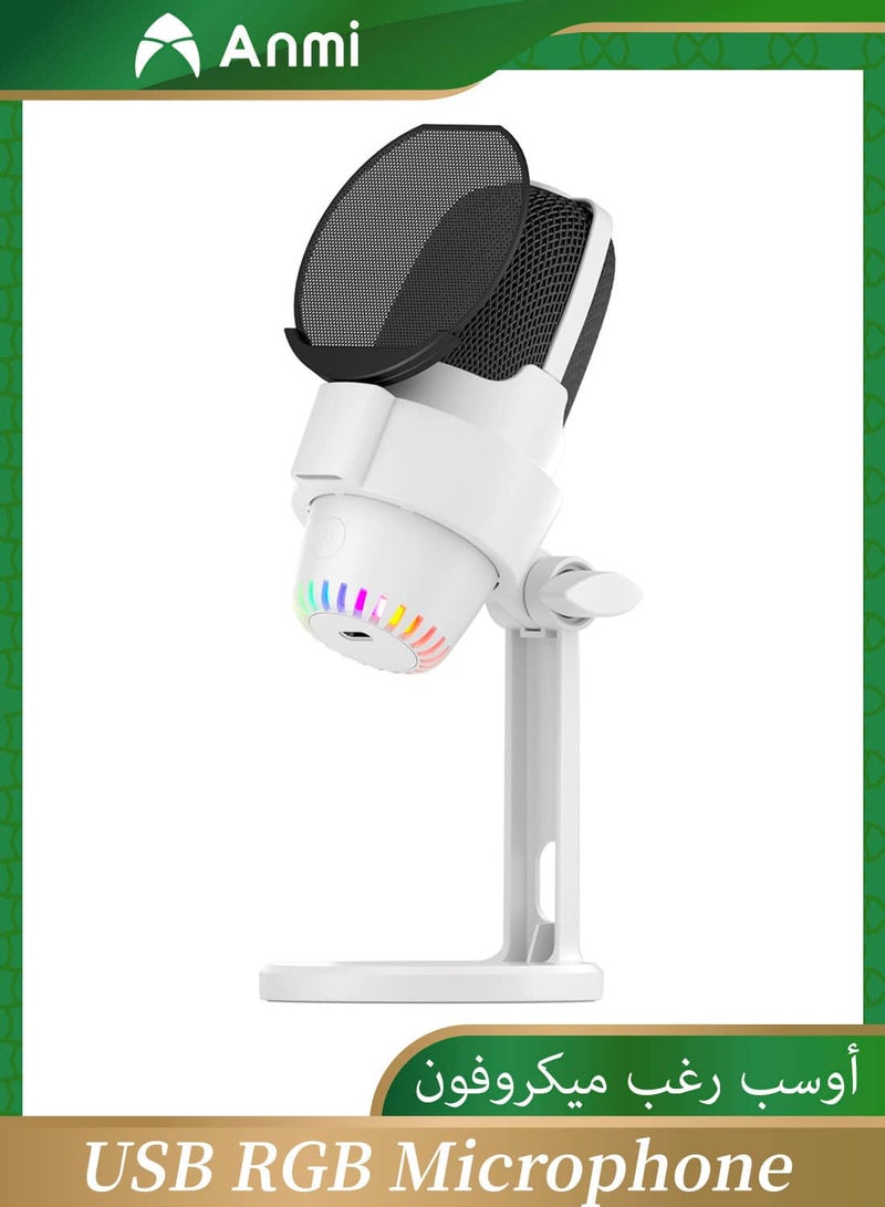 Anmi USB RGB Microphone, Dynamic Lighting Effect Mic Kit with ENC Noise Reduction, Ideal for Gaming Meeting Live Streaming Audio Recording Video (White)  - Image 1