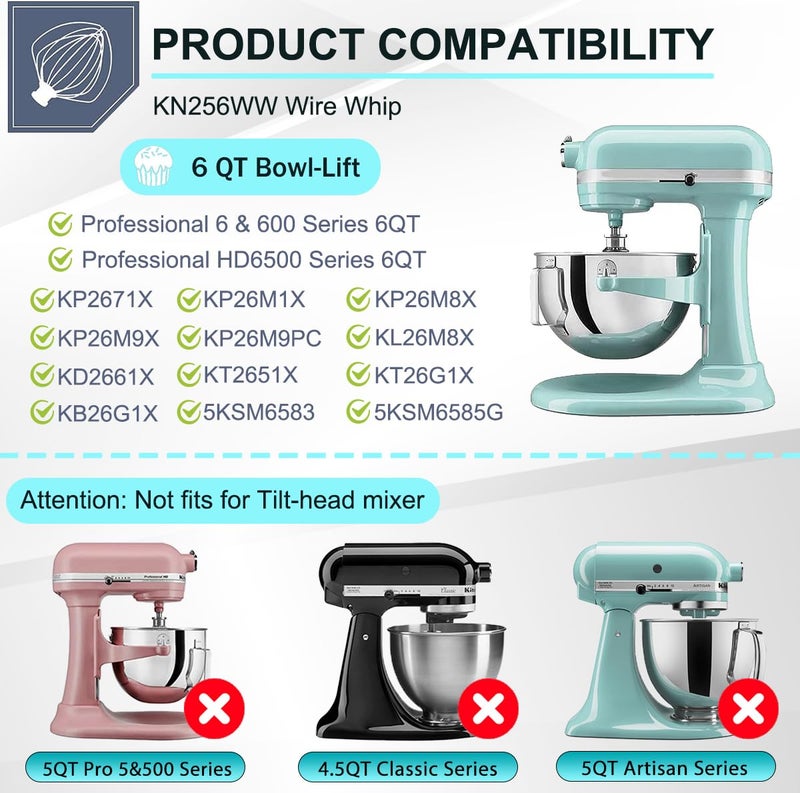 Kainasch 6 QT Stainless Steel Mixer Bow & K256WW Whisk for Kitchen aid 5.5-6 Quart Bowl-Lift Stand Mixer Replacement, 6 Wire Whip and Mixing Bowl with Cover for KitchenAid Mixers Attachments - Image 2