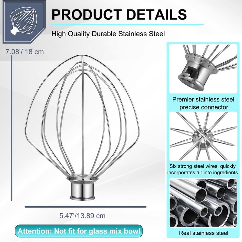 Kainasch 6 QT Stainless Steel Mixer Bow & K256WW Whisk for Kitchen aid 5.5-6 Quart Bowl-Lift Stand Mixer Replacement, 6 Wire Whip and Mixing Bowl with Cover for KitchenAid Mixers Attachments - Image 3