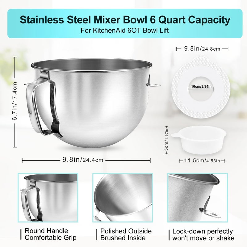 Kainasch 6 QT Stainless Steel Mixer Bow & K256WW Whisk for Kitchen aid 5.5-6 Quart Bowl-Lift Stand Mixer Replacement, 6 Wire Whip and Mixing Bowl with Cover for KitchenAid Mixers Attachments - Image 4