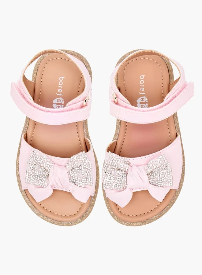 Barefeet Girls Bow Embellished Flat Sandals with Hook and Loop Closure