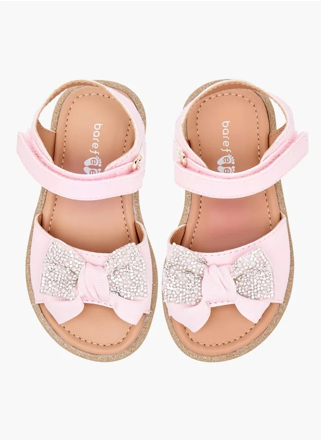 حافي القدمين Girls Bow Embellished Flat Sandals with Hook and Loop Closure