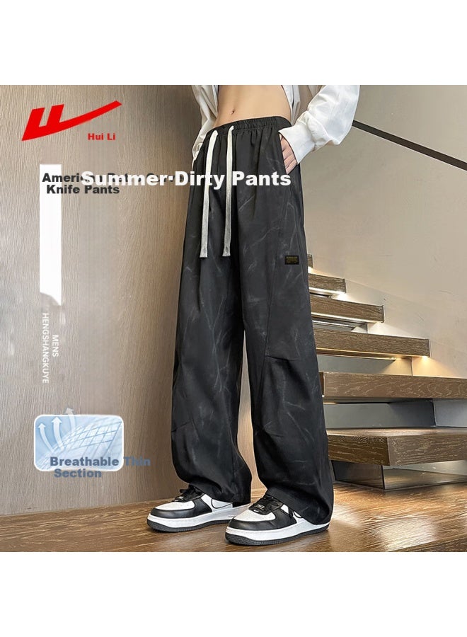 Pull Back Warrior Casual Pants Men American Dirty Pants Summer Loose Breathable Tie-dye Pants Men Retro Curved Knife Pants Black 4XL - Image 1
