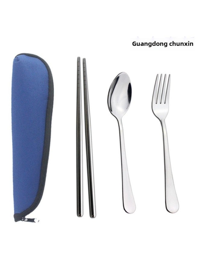 1010 Stainless Steel Tableware Outdoor Travel Student Lunch Box Portable Spoon Fork Chopsticks Three-piece Gift Tableware-Specifications:Spoon Chopsticks-Color:(Triangle Bag) Blue - Image 1