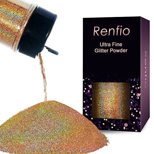 Renfio Holographic Ultra Fine Glitter Powder Metallic Resin Glitter 2.11 Oz (60g) PET Flakes Crafts Sequins 1/128" 0.008" 0.2mm Epoxy Chips Flakes for Tumblers Slime - Diamond Laser Gold - Image 1