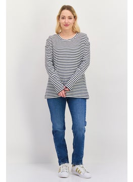 ESPRIT Women Round Neck Long Sleeves Stripe Print Top, White  - Image 4