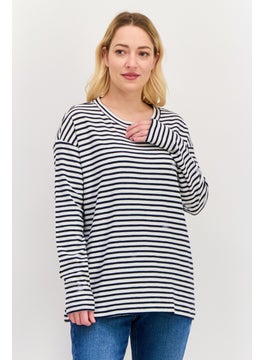 ESPRIT Women Round Neck Long Sleeves Stripe Print Top, White  - Image 1