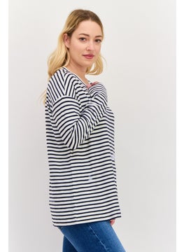 ESPRIT Women Round Neck Long Sleeves Stripe Print Top, White  - Image 3