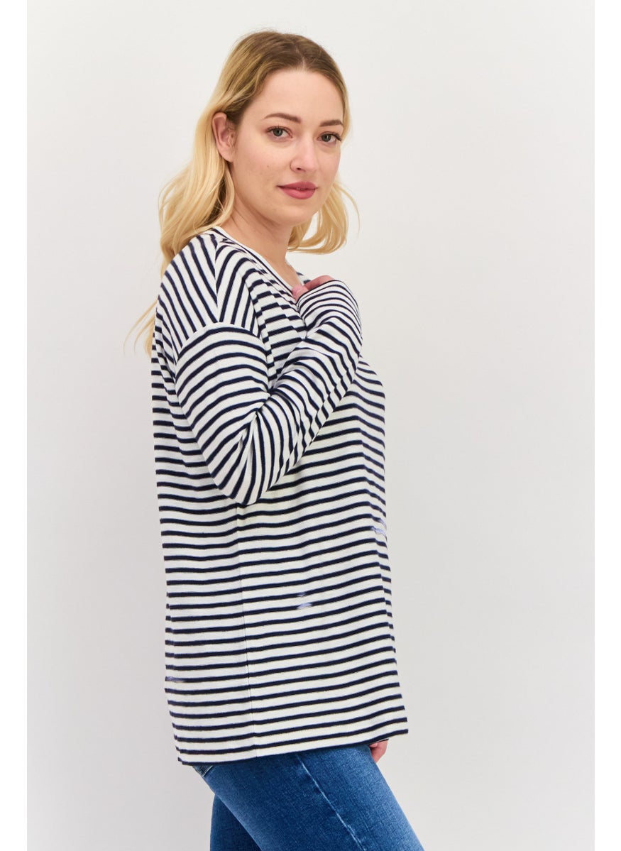 ESPRIT - Women Round Neck Long Sleeves Stripe Print Top, White - Image 1