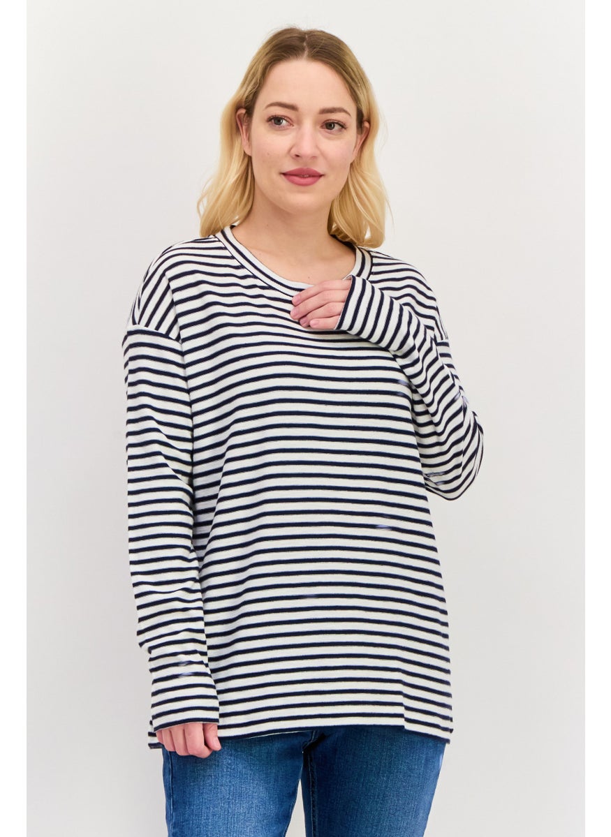 ESPRIT - Women Round Neck Long Sleeves Stripe Print Top, White - Image 1