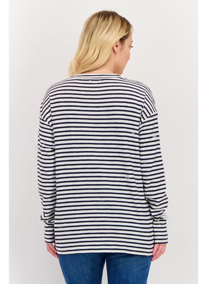 ESPRIT - Women Round Neck Long Sleeves Stripe Print Top, White - Image 1