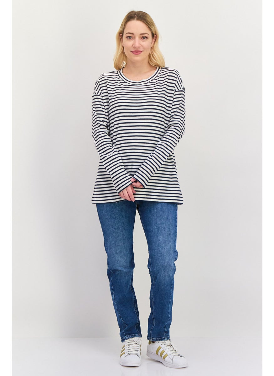 ESPRIT - Women Round Neck Long Sleeves Stripe Print Top, White - Image 1