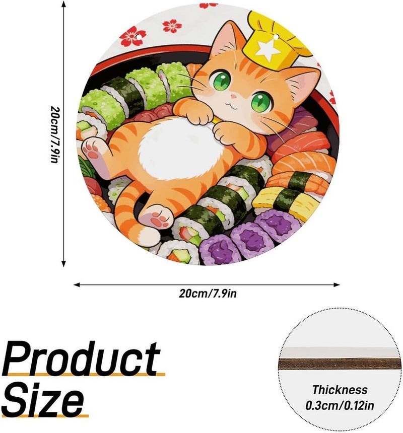 Japanese Sushi Kawaii Cat Wood Panel Painting Round Wooden Painting Natural Rustic Elegantly Woodblock Painting Decorative Painting Applicable for Living Room Bedroom Office Home Decoration - Image 2
