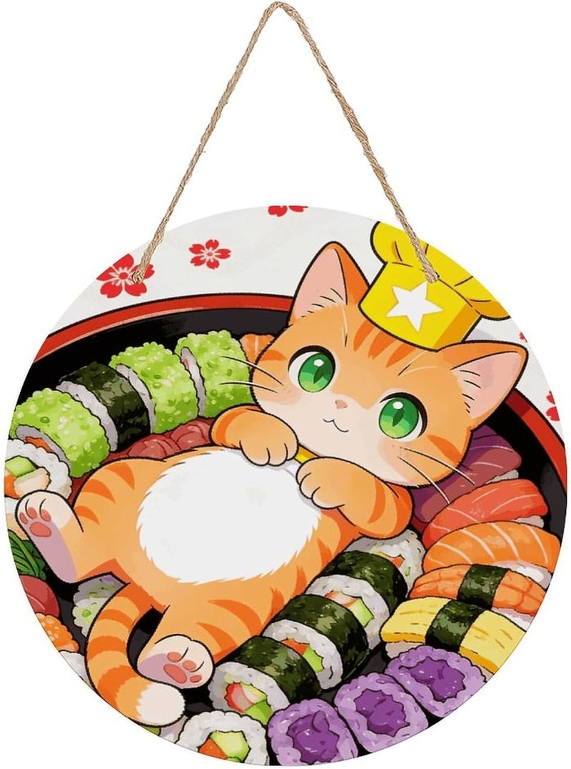 Japanese Sushi Kawaii Cat Wood Panel Painting Round Wooden Painting Natural Rustic Elegantly Woodblock Painting Decorative Painting Applicable for Living Room Bedroom Office Home Decoration - Image 1