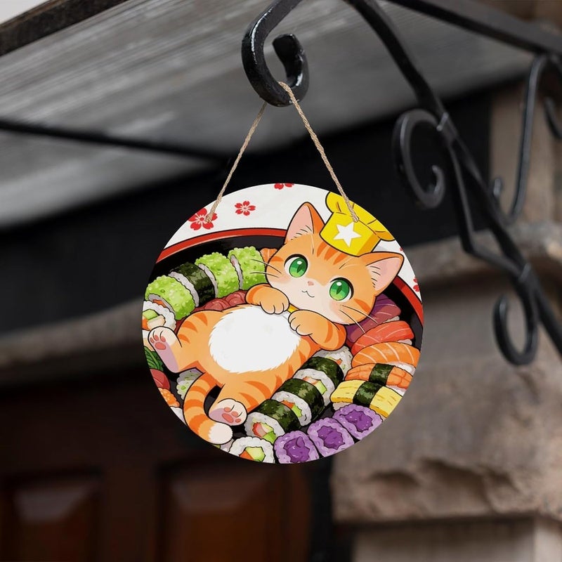 Japanese Sushi Kawaii Cat Wood Panel Painting Round Wooden Painting Natural Rustic Elegantly Woodblock Painting Decorative Painting Applicable for Living Room Bedroom Office Home Decoration - Image 4