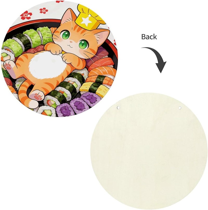 Japanese Sushi Kawaii Cat Wood Panel Painting Round Wooden Painting Natural Rustic Elegantly Woodblock Painting Decorative Painting Applicable for Living Room Bedroom Office Home Decoration - Image 3
