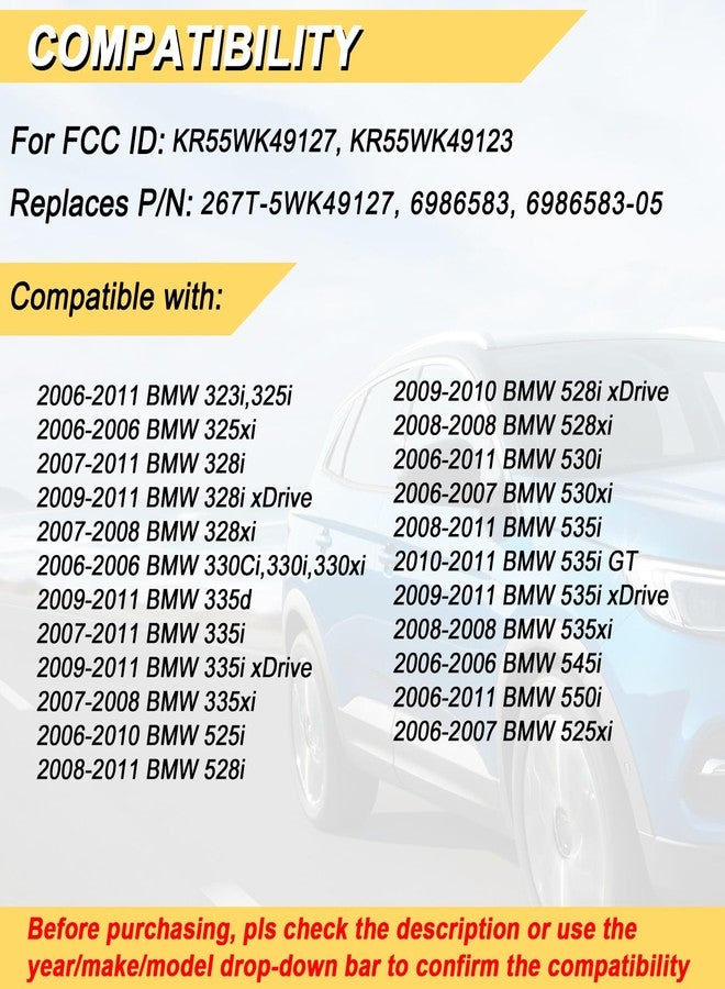 Vurkcy مفتاح بديل من Vurkcy لسيارات BMW الفئة الثالثة والخامسة موديلات 2006-2011 - 325i، 328i، 330i، 335i، 525i، 528i، 530i، 535i، 550i، KR55WK49127، KR55WK49123 - Image 2