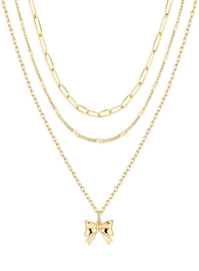 Poxtex Layered Necklaces for Women,14k Gold Plated Dainty Stackable Choker Necklaces for Women,Trendy Layering Small Thin Bow Paperclip Chain Pendant Necklace Set Jewelry Gifts for Women - Image 1