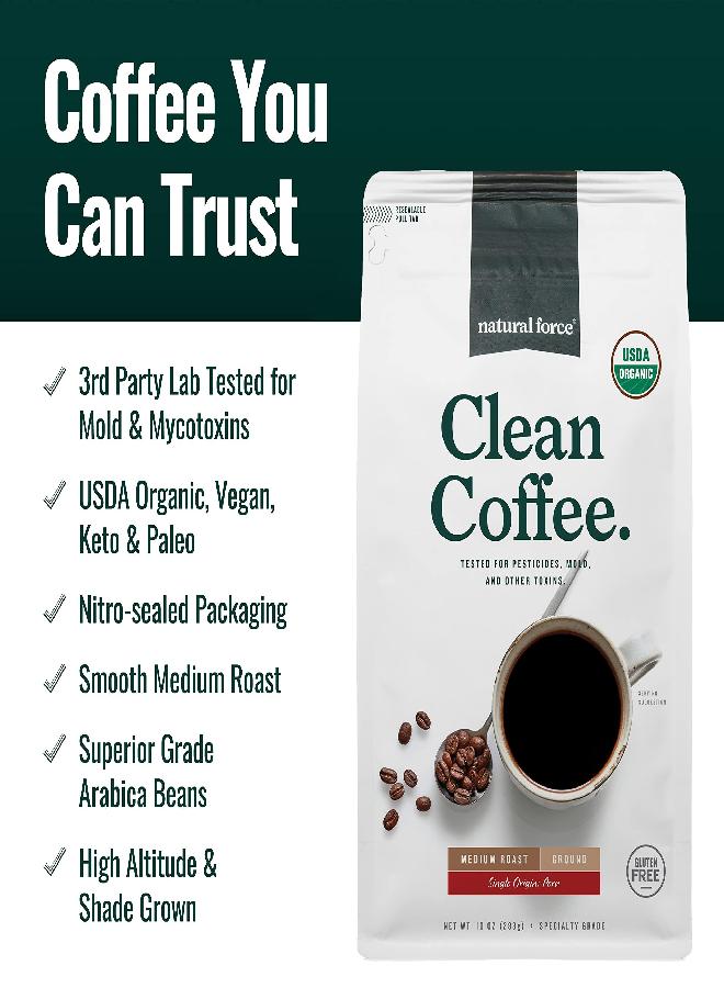 Natural Force قوة طبيعية - قهوة نظيفة عضوية كلاسيكية، خالية من العفن والسموم الفطرية، مختبرة في المختبر للسموم والنقاء، حموضة منخفضة، طعم ورائحة مذهلة، مطحونة متوسطة التحميص، 10 أوقية - Image 1