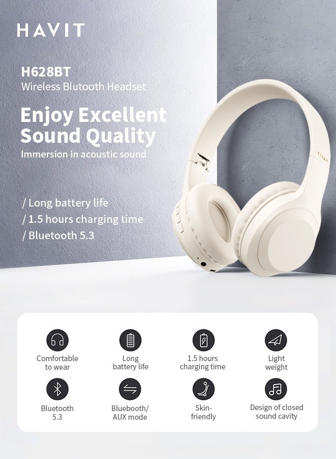 havit Wireless Headphones, Bluetooth 5.3, Battery Capacity 200mAh, Long-Lasting Battery Life, Lightweight, Comfortable and Foldable Design, Beige - Image 2