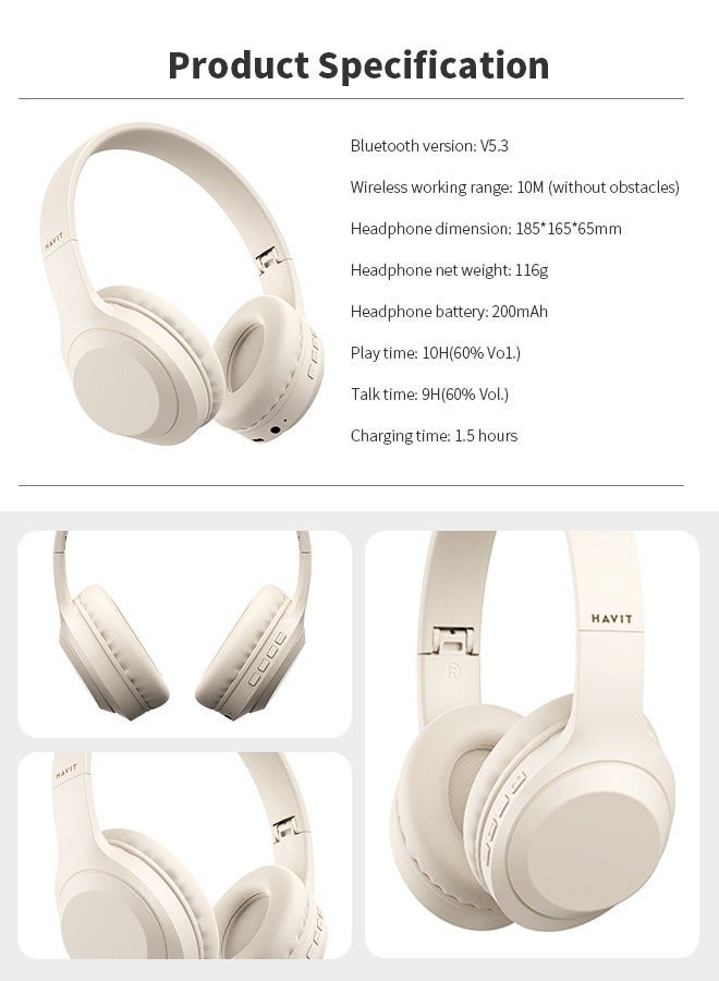 havit Wireless Headphones, Bluetooth 5.3, Battery Capacity 200mAh, Long-Lasting Battery Life, Lightweight, Comfortable and Foldable Design, Beige - Image 5