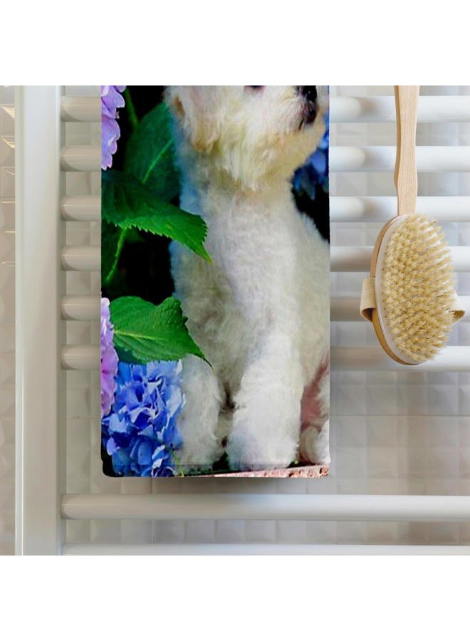 3DROSE 3D Rose Adorable Bichon Frise Puppy Among Hydrangeas Hand/Sports Towel, 15 x 22 - Image 2