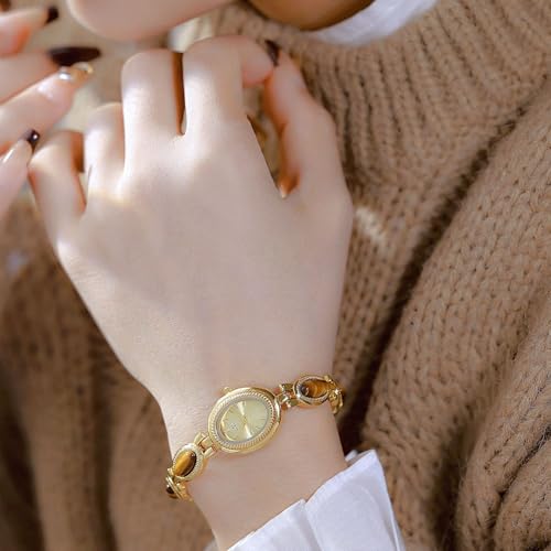 MASTOP ساعة ماسية فاخرة ملونة بتصميم بيضاوي للنساء بقرص صغير ساعة كواتز مقاومة للماء مع سوار من الفولاذ المقاوم للصدأ (ذهبي كهرماني) - Image 3