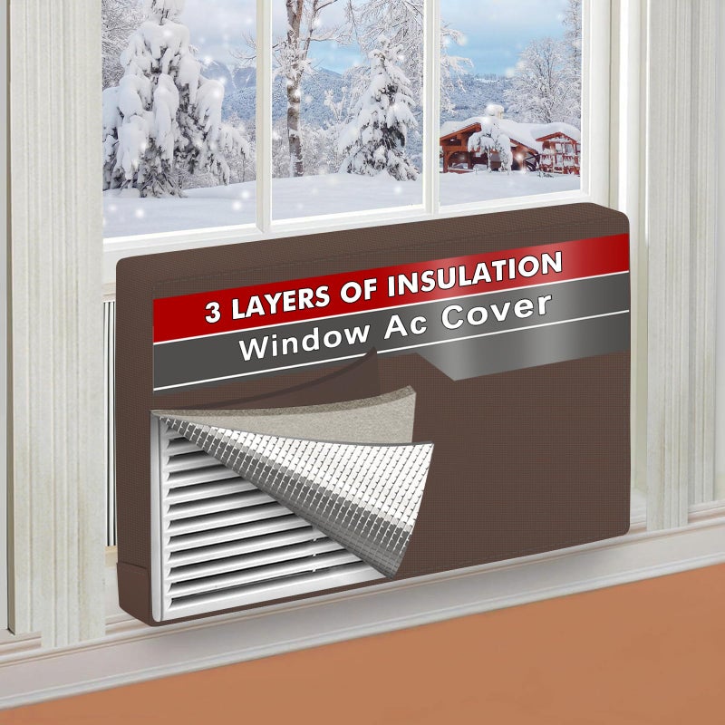 Air Conditioner Cover Indoor 17W x 13H x 35D Windproof and Waterproof 3 Layers Insulation Window AC Cover for Inside with Aluminum Foil and 2mm Foam Brown