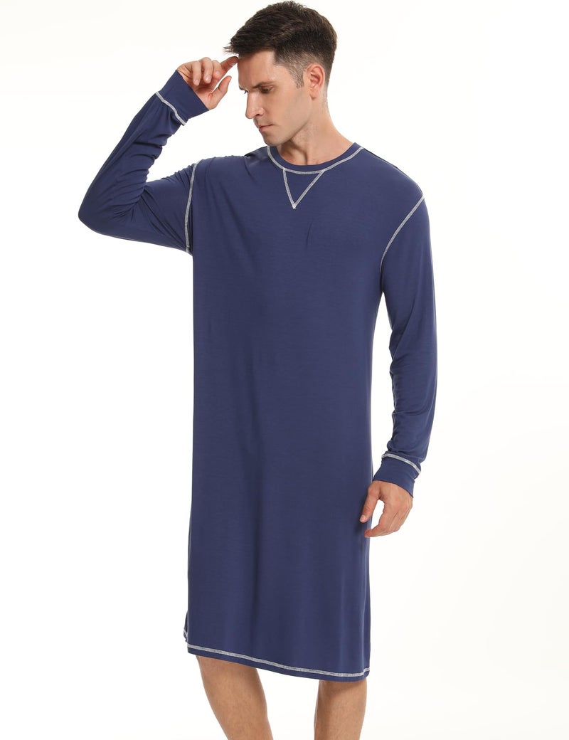 SWOMOG Mens Nightgown Long Sleeve Lounge, Sleep Henley Shirt Pajama Big & Tall Nightshirt Comfy Nightwear S-XXL Navy Blue Large - Image 4
